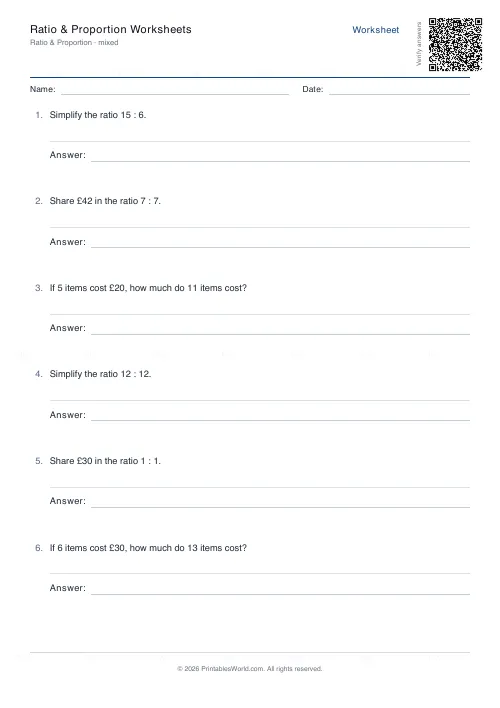 Free printable ratio and proportion worksheet (Up to 30), PDF download