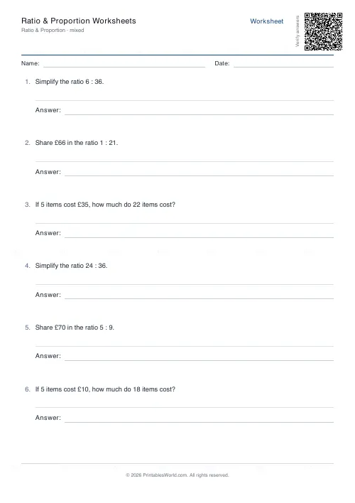 Free printable ratio and proportion worksheet (Up to 100), PDF download