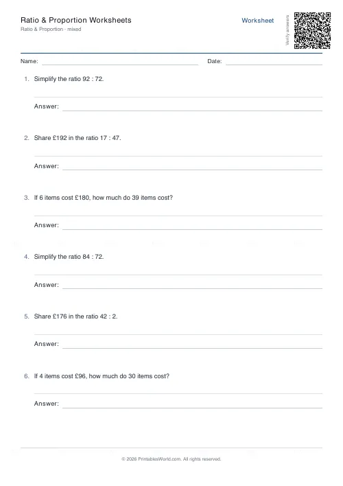 Free printable ratio and proportion worksheet (Up to 200), PDF download