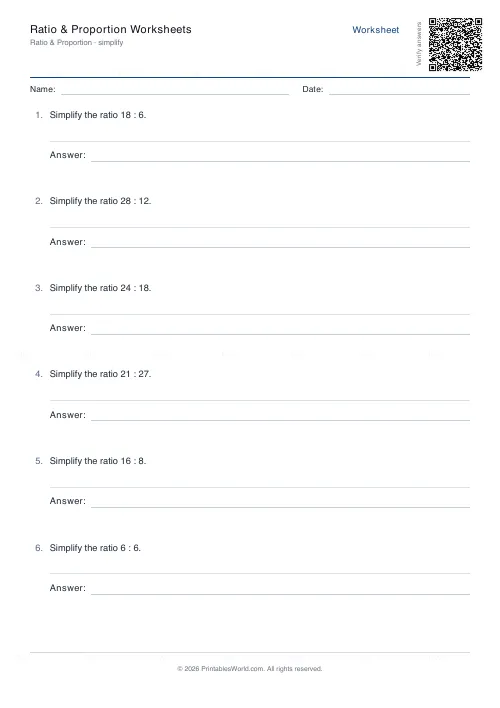 Free printable ratio and proportion worksheet (Simplify ratio, with answer key), PDF download