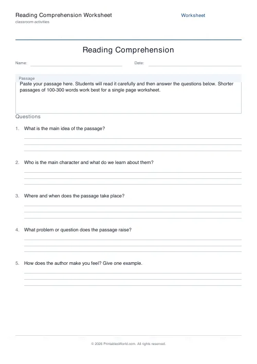 Free printable reading comprehension worksheet — PDF download
