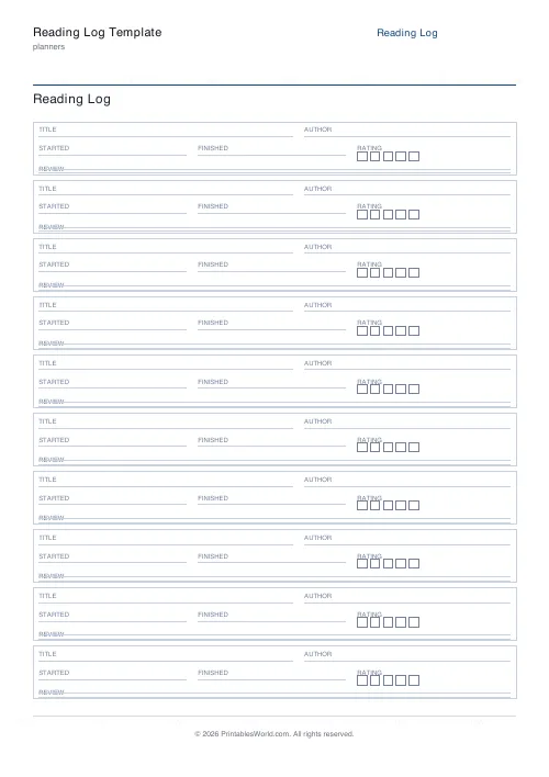 Free printable reading log — 10 books — PDF download
