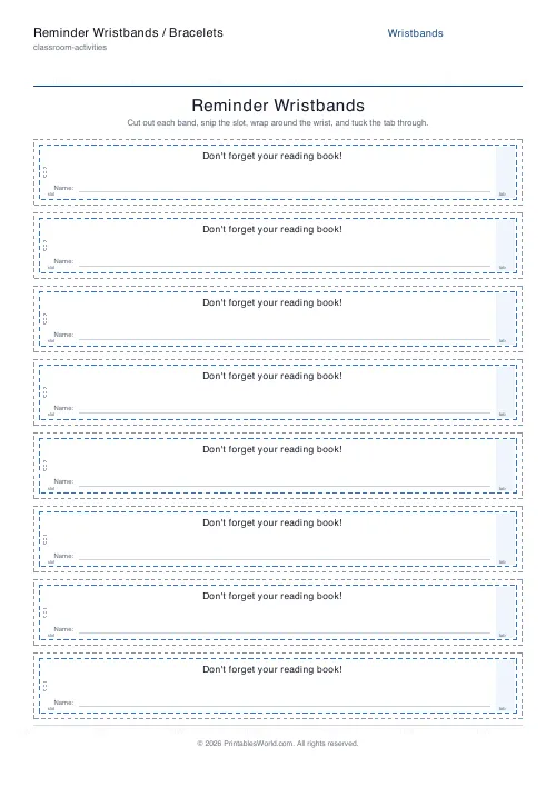 Free printable reminder wristbands — Dashed — PDF download