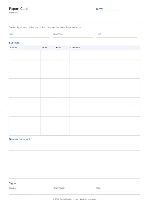 Free printable report card (No name and date band), PDF download