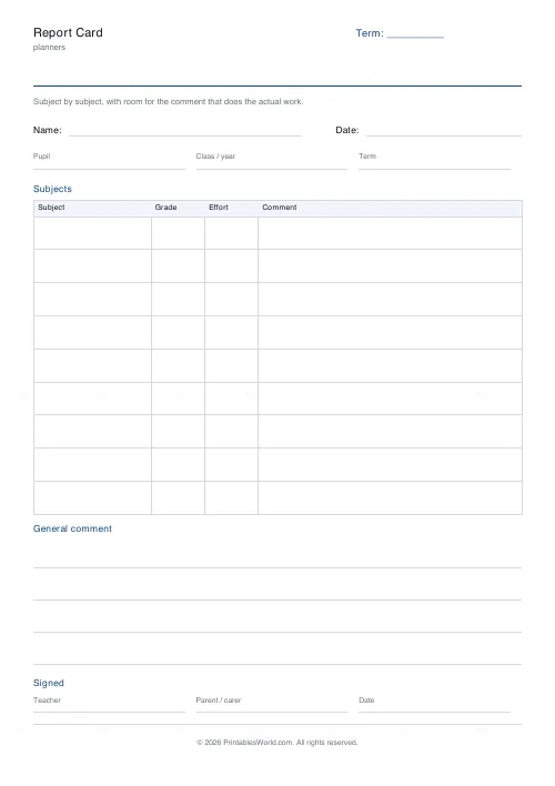 Free printable report card (With a name and date band), PDF download