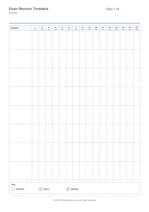 Free printable revision timetable — 8 subjects — PDF download