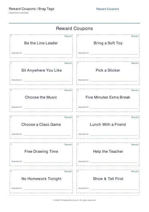 Free printable reward coupons / brag tags (6), PDF download