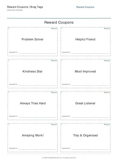 Free printable reward coupons / brag tags (Brag tags), PDF download