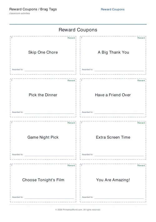 Free printable reward coupons / brag tags (Home rewards), PDF download
