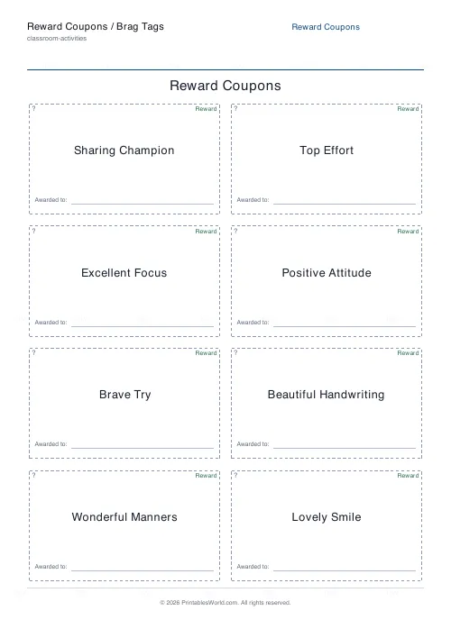 Free printable reward coupons / brag tags (Classroom praise), PDF download