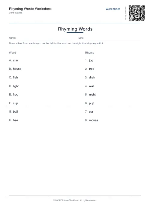 Free printable rhyming words worksheet (8 pairs), PDF download