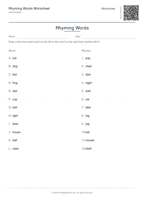 Free printable rhyming words worksheet (12 pairs), PDF download