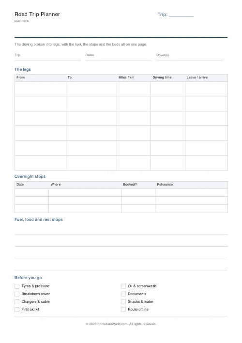 Free printable road trip planner (No name and date band), PDF download