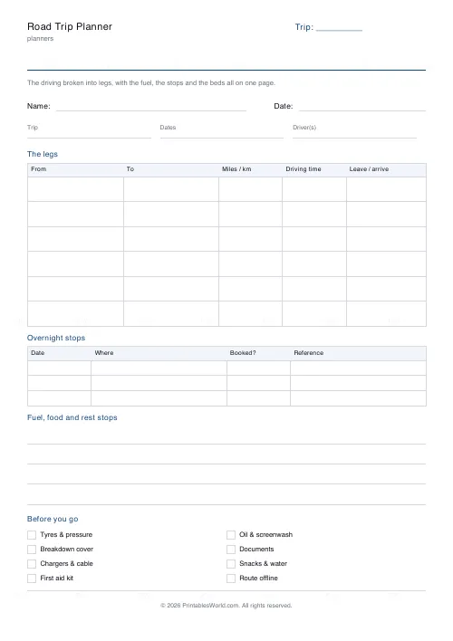 Free printable road trip planner (With a name and date band), PDF download