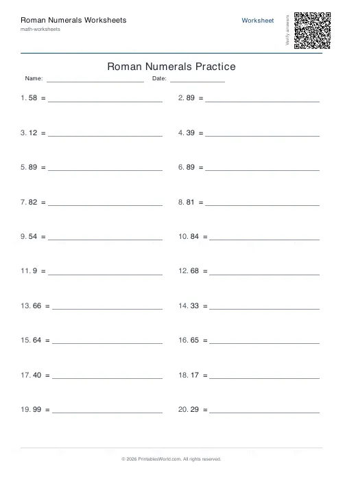 Free printable roman numerals worksheet (Number to Roman), PDF download