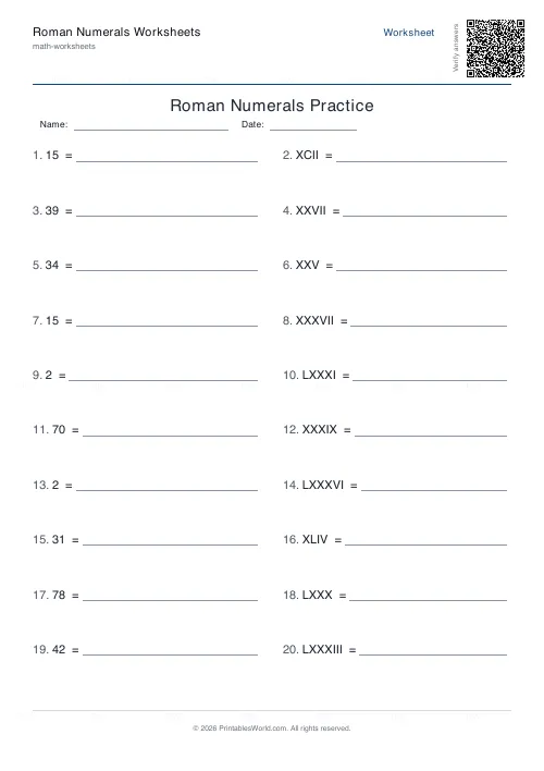 Free printable roman numerals worksheet (Mixed, with answer key), PDF download