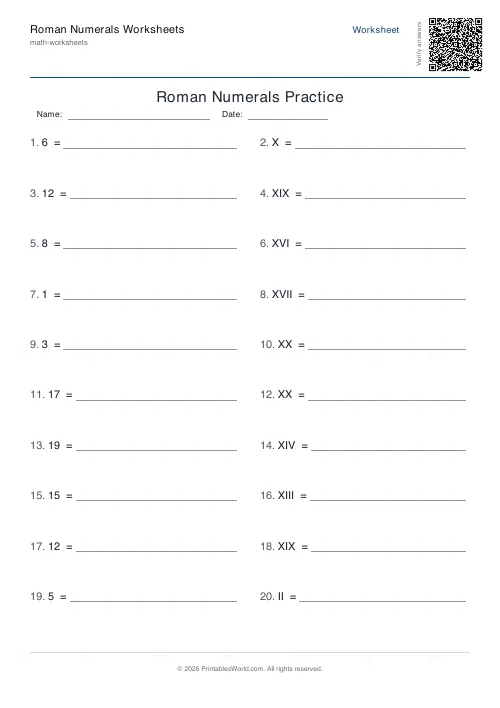 Free printable roman numerals worksheet (Up to 20, with answer key), PDF download
