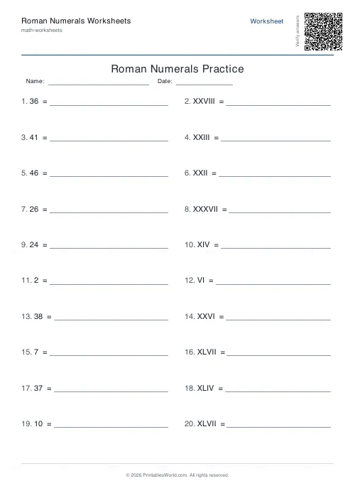 Free printable roman numerals worksheet (Up to 50, with answer key), PDF download