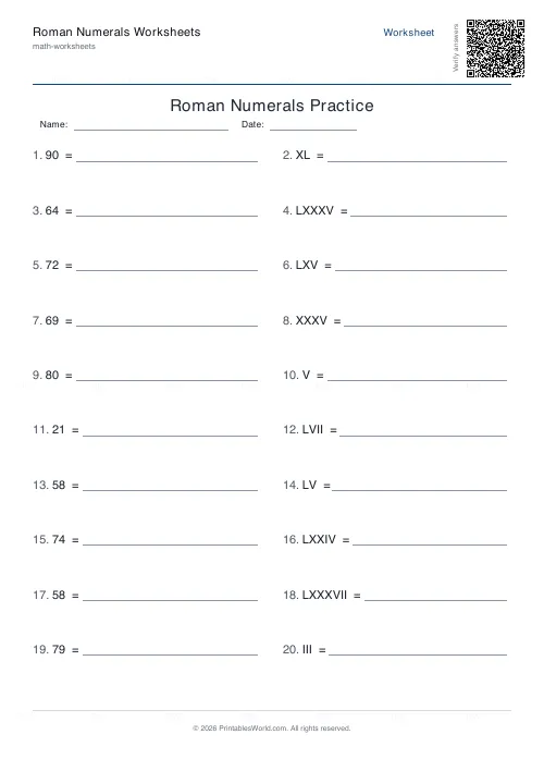 Free printable roman numerals worksheet (Up to 100, with answer key), PDF download