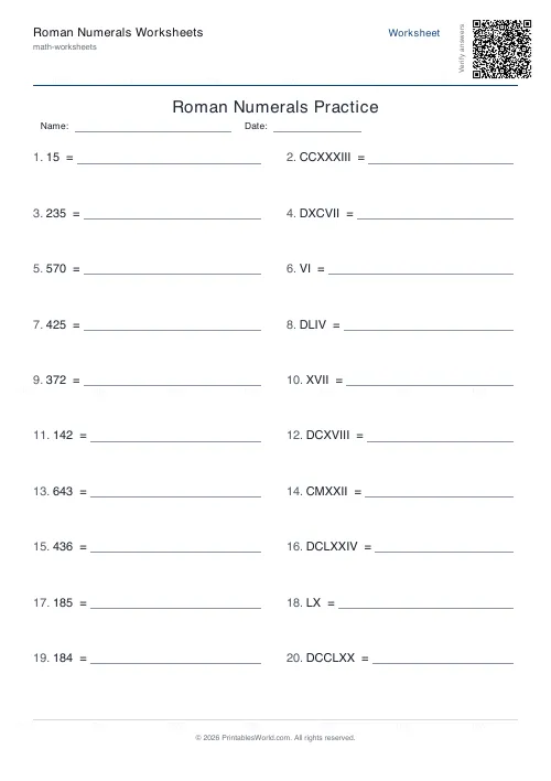 Free printable roman numerals worksheet (Up to 1000, with answer key), PDF download