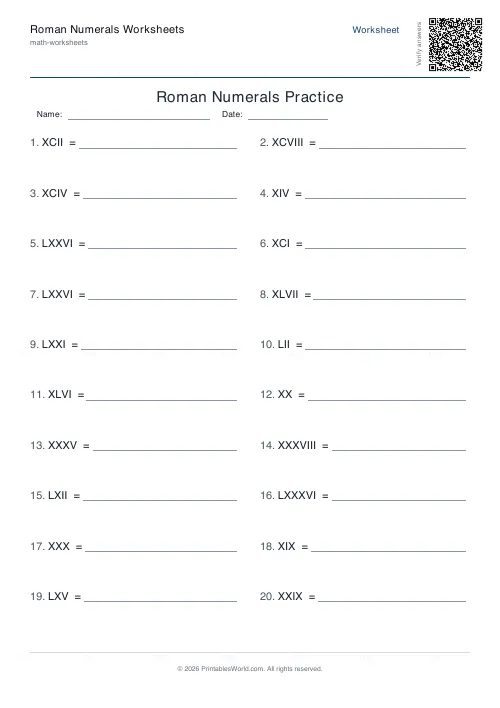 Free printable roman numerals worksheet (Roman to number), PDF download