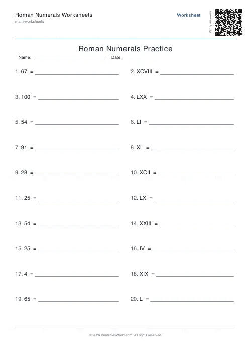 Free printable roman numerals worksheet (Up to 100), PDF download