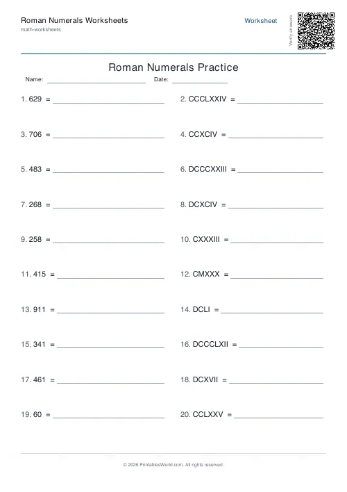 Free printable roman numerals worksheet (Up to 1000), PDF download