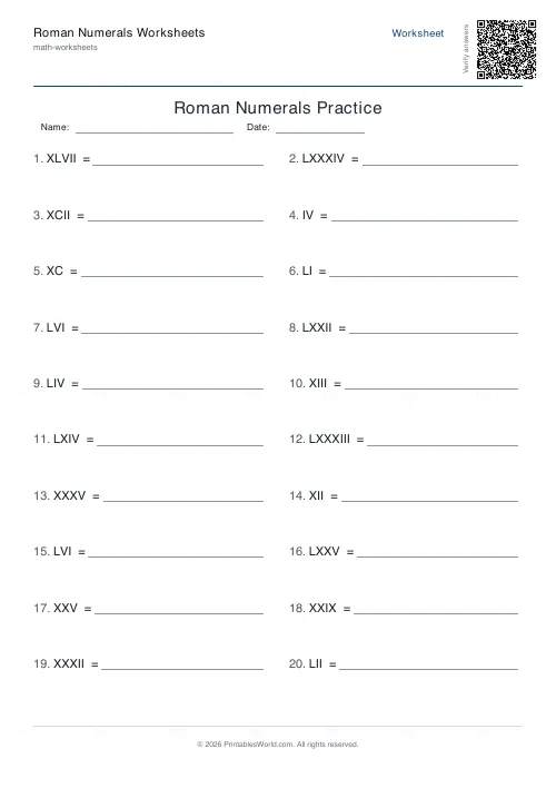 Free printable roman numerals worksheet (Roman to number, with answer key), PDF download