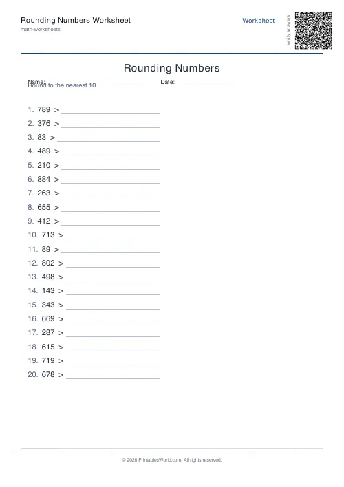 Free printable rounding numbers worksheet — Nearest 10 — PDF download