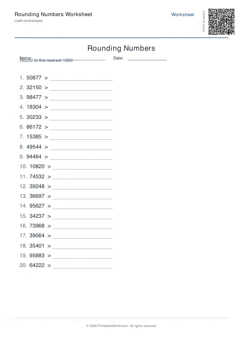 Free printable rounding numbers worksheet — Nearest 1000, with answer key — PDF download
