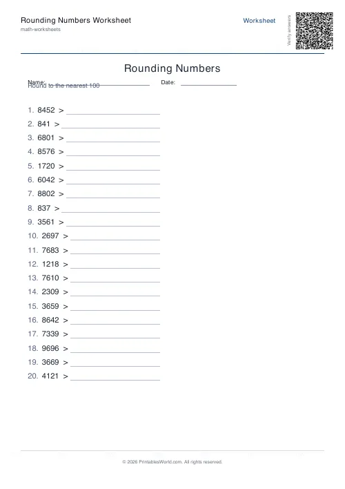 Free printable rounding numbers worksheet — Nearest 100 — PDF download