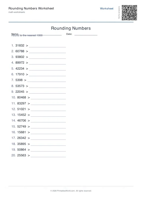 Free printable rounding numbers worksheet — Nearest 1000 — PDF download