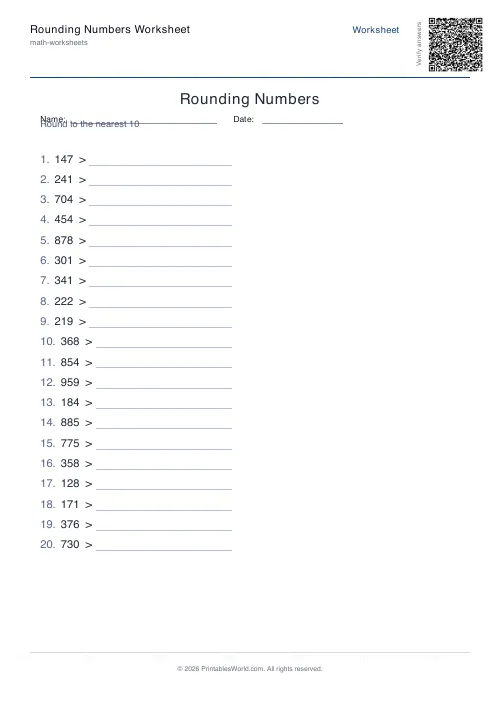 Free printable rounding numbers worksheet — Nearest 10, with answer key — PDF download