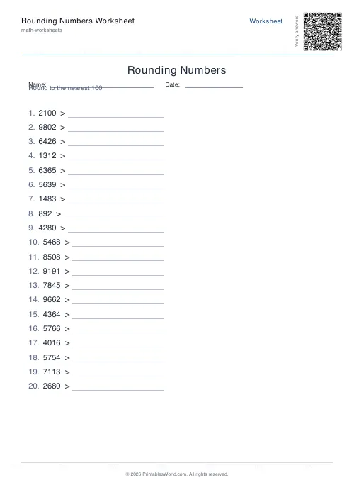 Free printable rounding numbers worksheet — Nearest 100, with answer key — PDF download