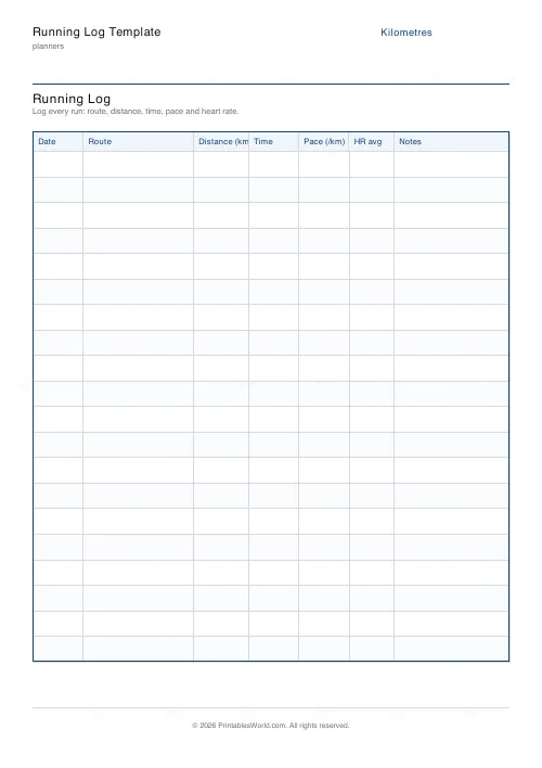 Free printable running log (Kilometres), PDF download