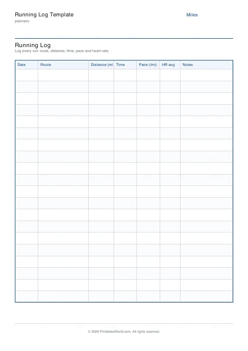 Free printable running log (Miles), PDF download
