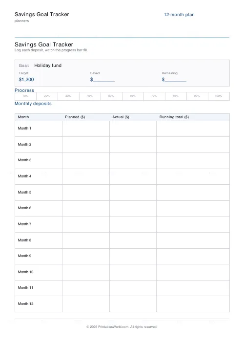 Free printable savings tracker (Dollars (USD)), PDF download