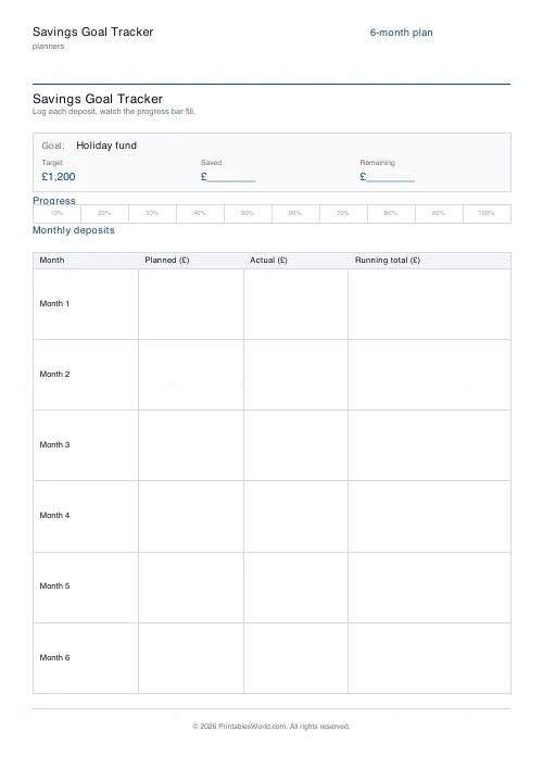Free printable savings tracker (6 months), PDF download
