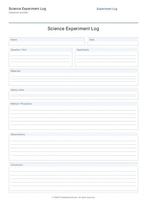 Free printable science experiment log — Include — PDF download