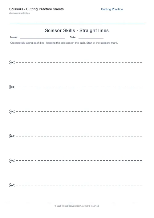Free printable scissor cutting practice sheet — Straight — PDF download