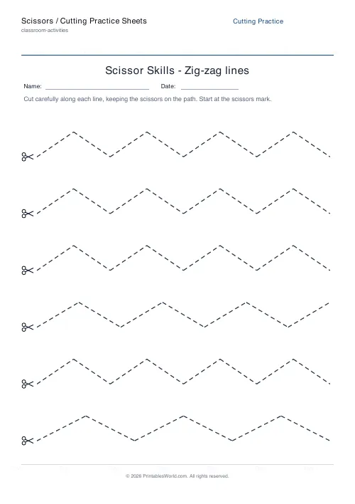 Free printable scissor cutting practice sheet — Zig-zag — PDF download