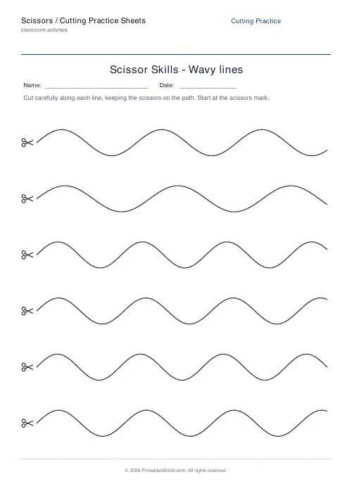 Free printable scissor cutting practice sheet — Wavy — PDF download