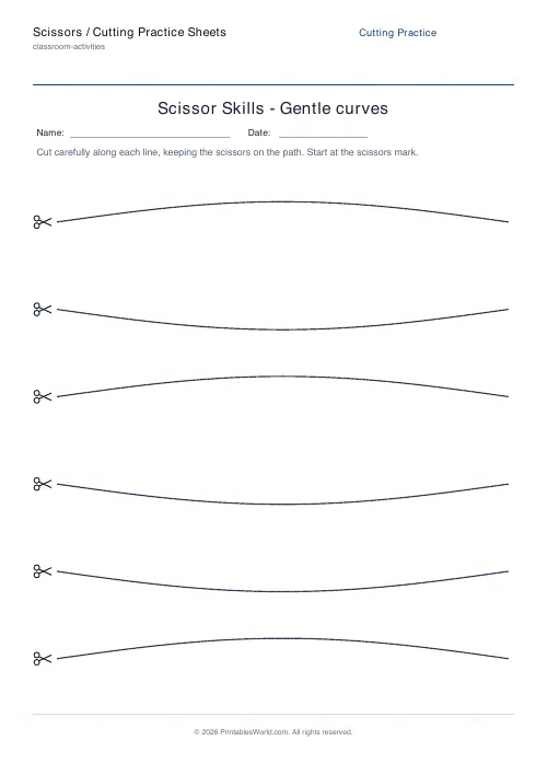 Free printable scissor cutting practice sheet — Curves — PDF download