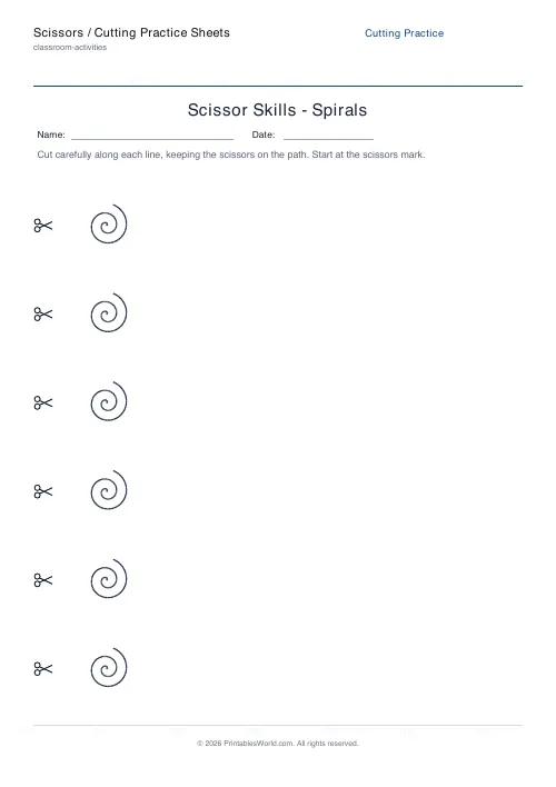 Free printable scissor cutting practice sheet — Spirals — PDF download