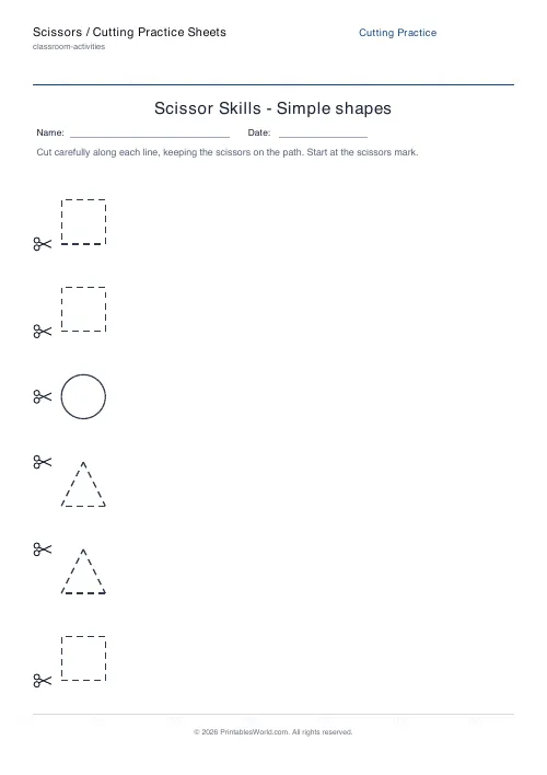 Free printable scissor cutting practice sheet — Shapes — PDF download