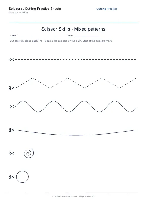 Free printable scissor cutting practice sheet — Mixed — PDF download
