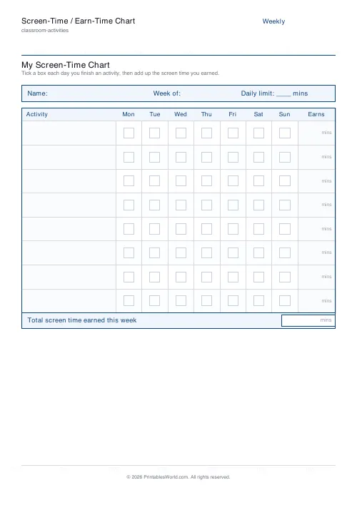 Free printable screen-time chart — Minutes — PDF download