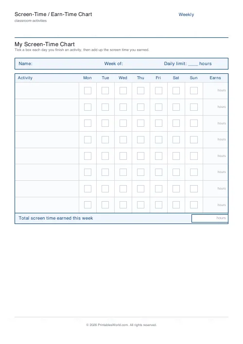 Free printable screen-time chart — Hours — PDF download