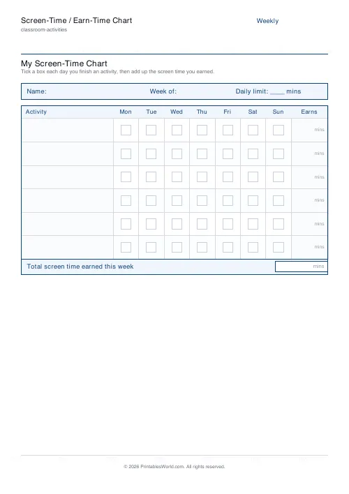 Free printable screen-time chart — 6 activities — PDF download