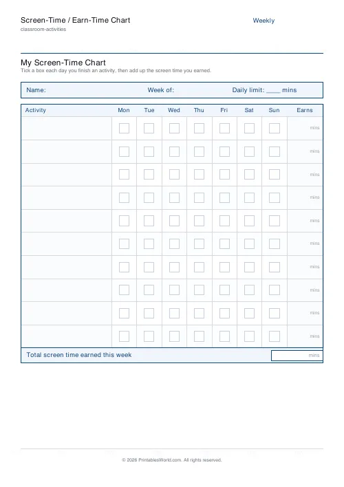 Free printable screen-time chart — 10 activities — PDF download